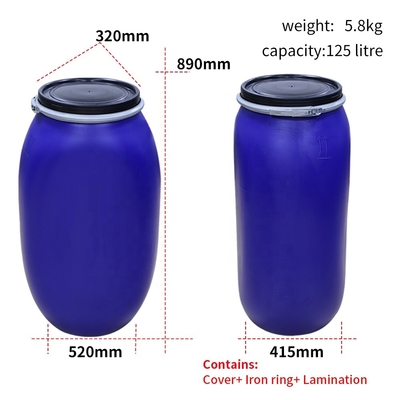 125L χημικό πλαστικό HDPE ανοικτό τοπ τύμπανο με το δαχτυλίδι στεφανών σιδήρου 80 βαθμός